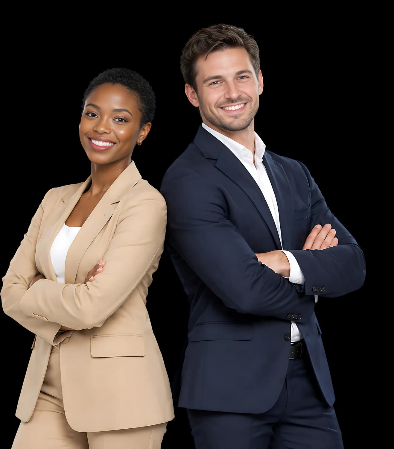 Two smiling professionals in business suits, standing back to back with their arms crossed